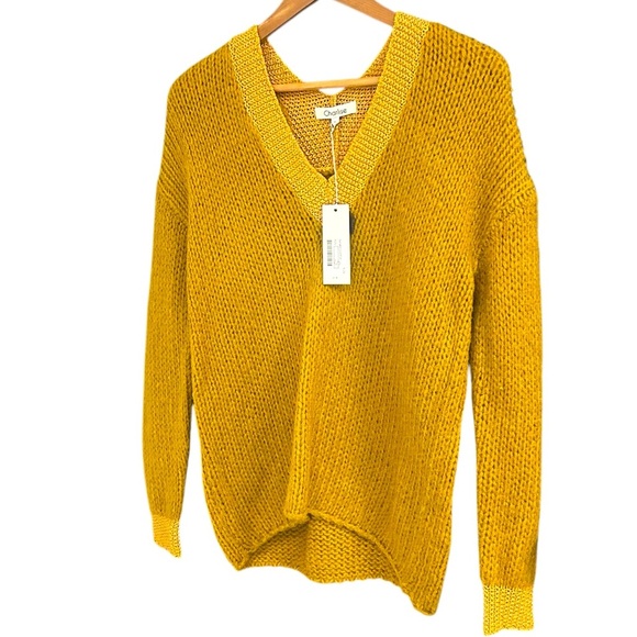 Charlise NWT S oversized Yellow and gold V-Neck Sweater neck yellow shimmers - Picture 1 of 13